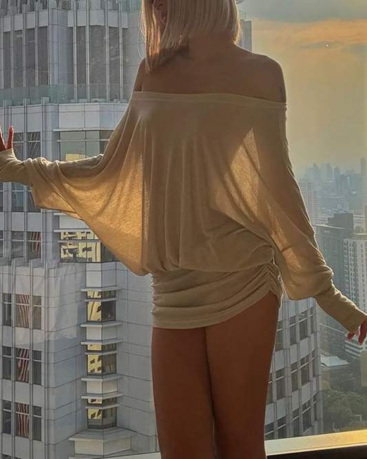 Chicbeautyy Off Shoulder Sheer Ruched Long Sleeve Dress