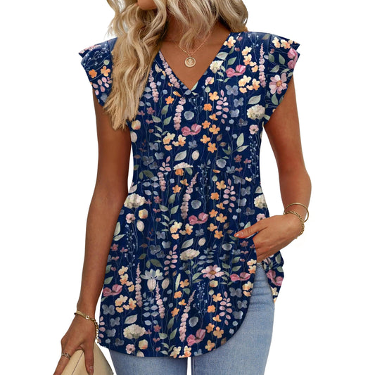Chicbeautyy Women's Floral V-Neck Ruffle Sleeve Babydoll Blouse