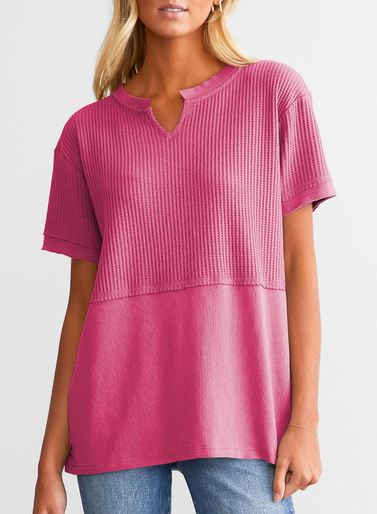 Chicbeautyy Women's Casual V Neck Waffle Knit Tops Short Sleeve T Shirts