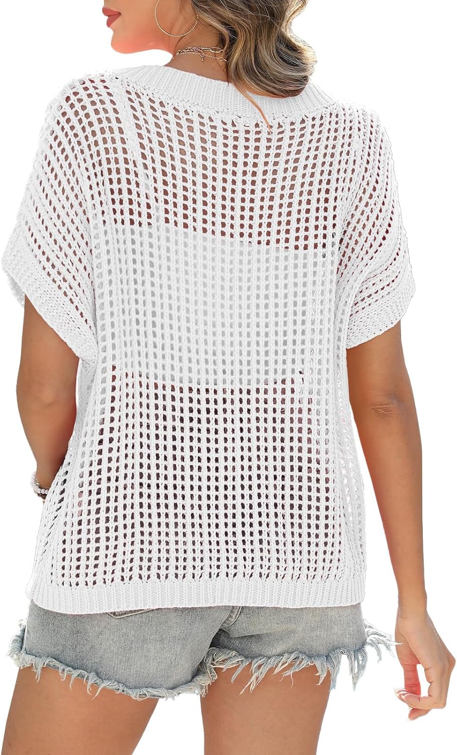 Back view of short sleeve crochet knit top showing relaxed casual fit
