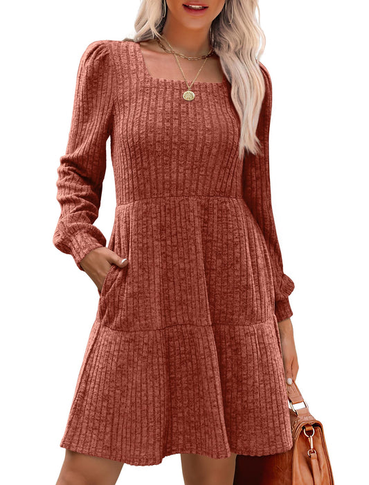 Chicbeautyy Fall Women's Square Neck Ribbed Sweater Dress(buy 3 15% OFF)