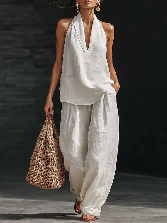 Chicbeautyy V-Neck Linen Tank Top & Pants Set
