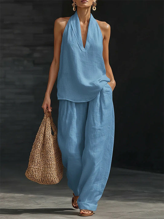 Chicbeautyy V-Neck Linen Tank Top & Pants Set