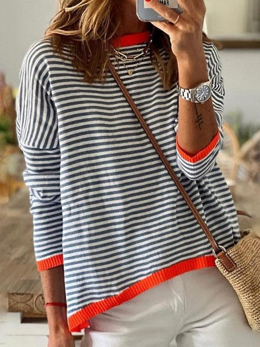 Chic Beautyy Orange Trim Navy and White Stripe Long Sleeve Top