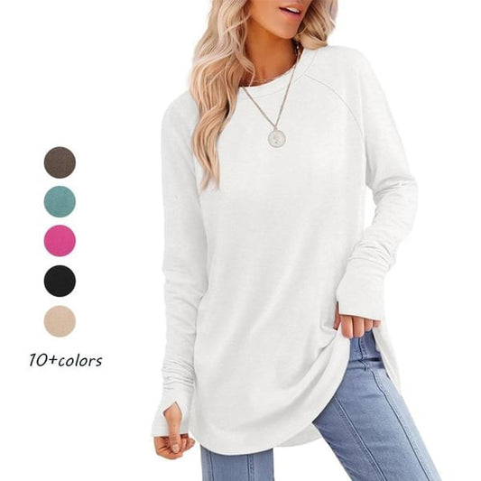 Women’s Long Sleeve Tunic Top with Thumb Holes – Crew Neck Curved Hem Casual Shirt（Buy 2 Free Shipping）