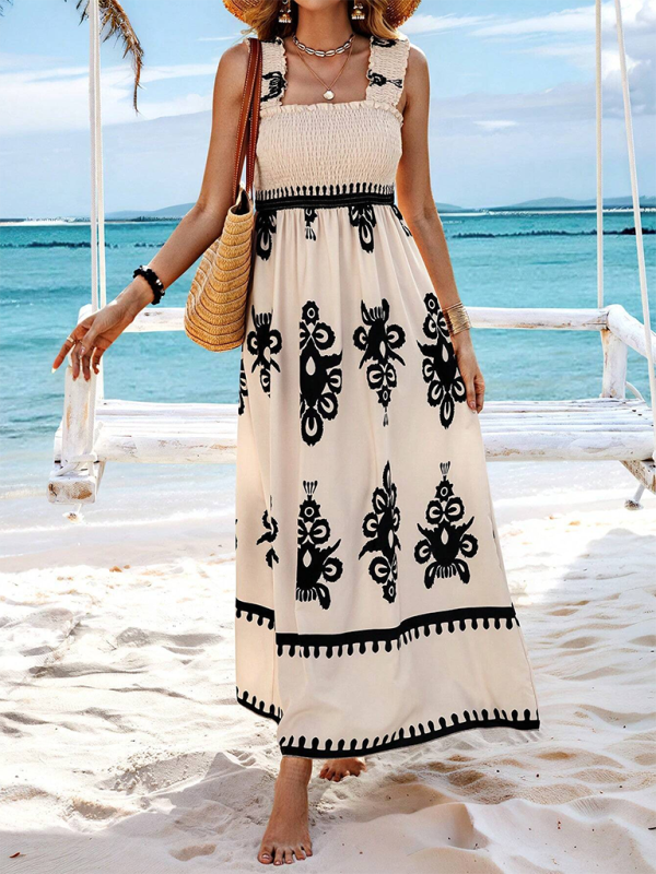 Model wearing resort style printed cross front midi dress for summer outfits