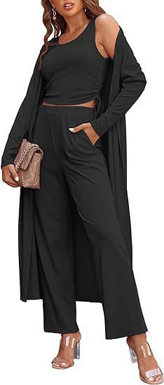 ChicBeautyy Women 3 Piece Loungeset Cardigan Sleeveless Top Wide Leg Pants 3 Piece
