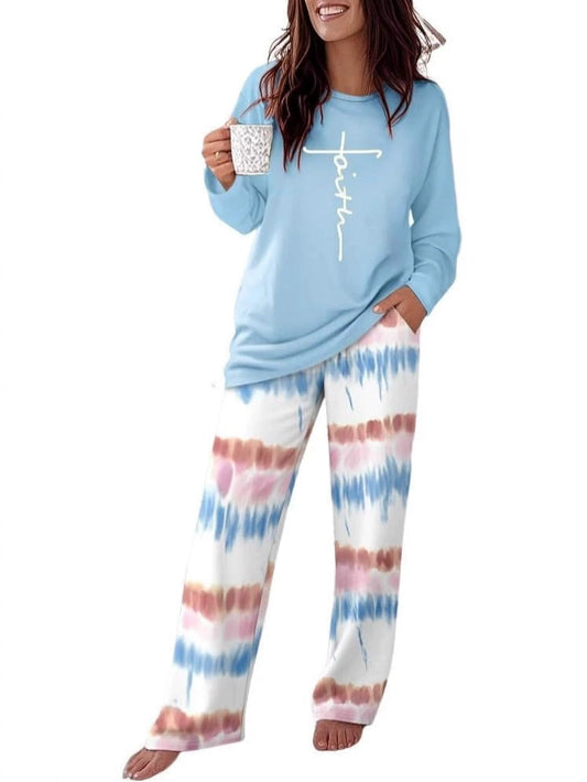 Chicbeautyy Casual Loose Round Neck Printed Long Sleeve Two Piece Set