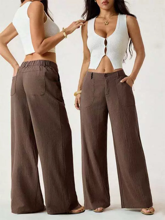 Chicbeautyy womens classic linen palazzo pants elastic waist pockets