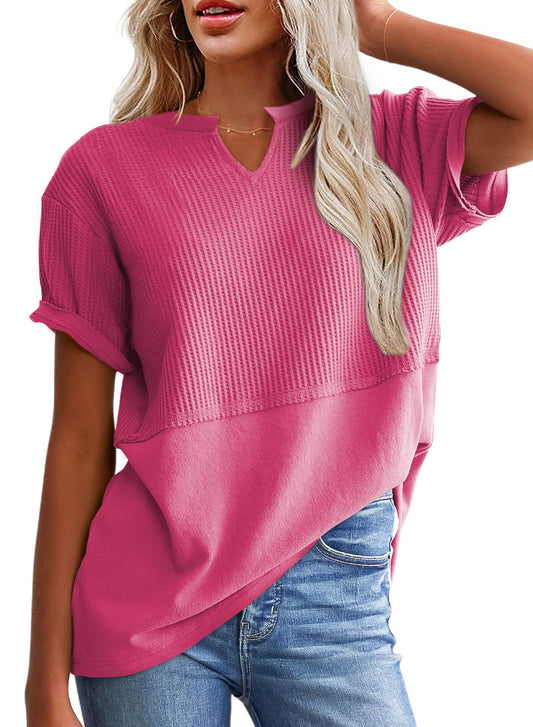 Chicbeautyy Women's Casual V Neck Waffle Knit Tops Short Sleeve T Shirts