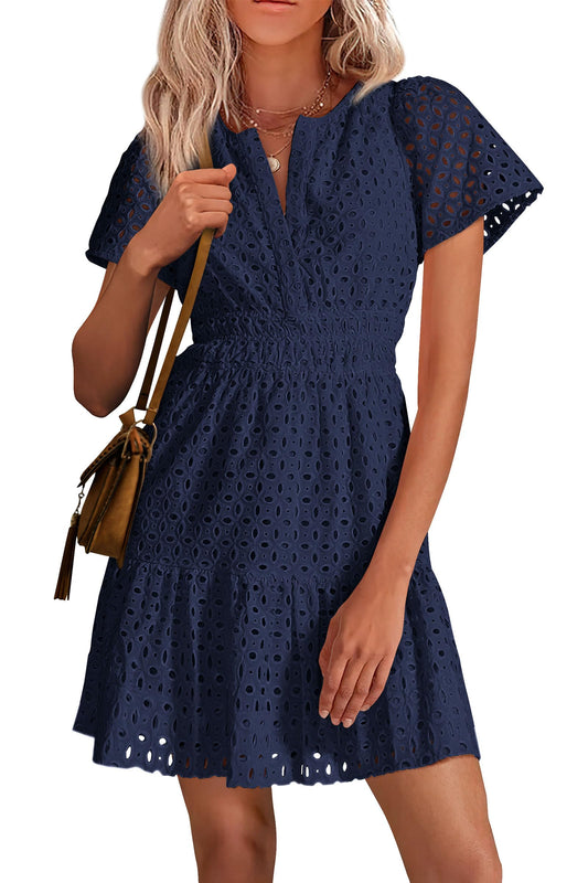 Chicbeautyy Women's V Neck A Line Hollow Out Lace Dress