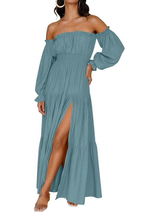 Chicbeautyy-Women's Boho Off Shoulder Long Sleeve Side Split Flowy A Line Long Maxi Dress