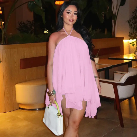 Chicbeautyy Chiffon Halter Flare Mini Dress