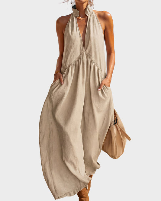 Chicbeautyy Slimming Flowy Halter Maxi Dress with Pockets