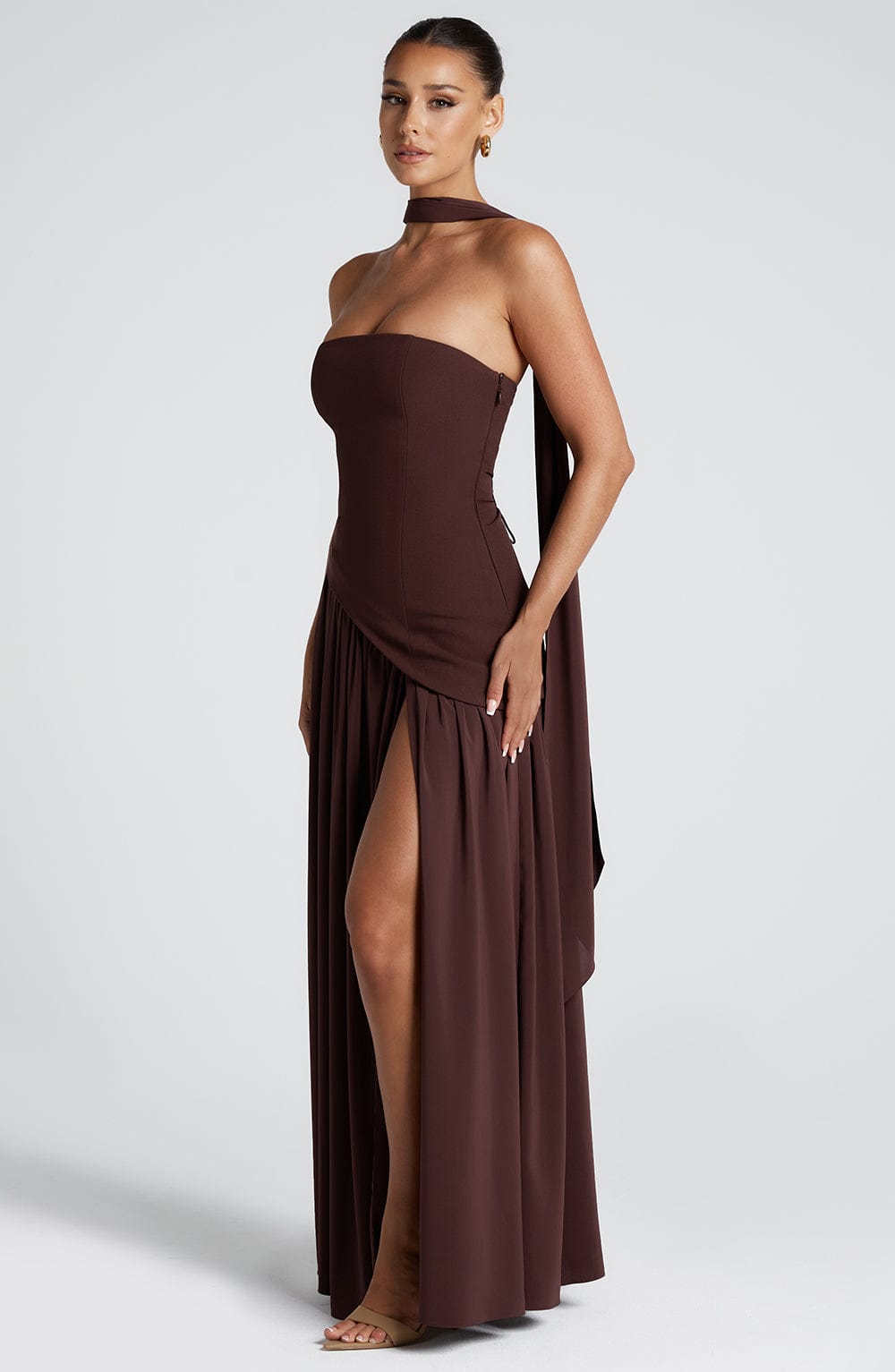 Tessa Bold Maxi Dress side slit formal event dress on model