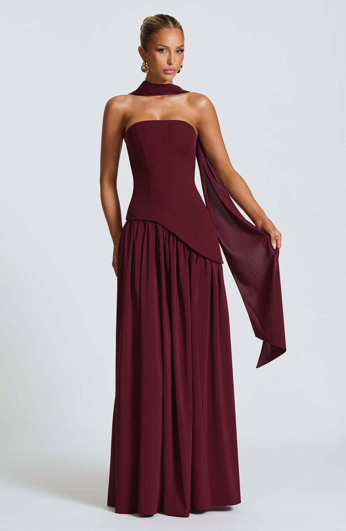 Tessa Bold Maxi Dress side slit formal event dress on model