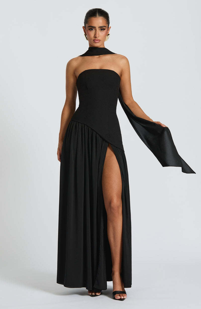 Tessa Bold Maxi Dress side slit formal event dress on model