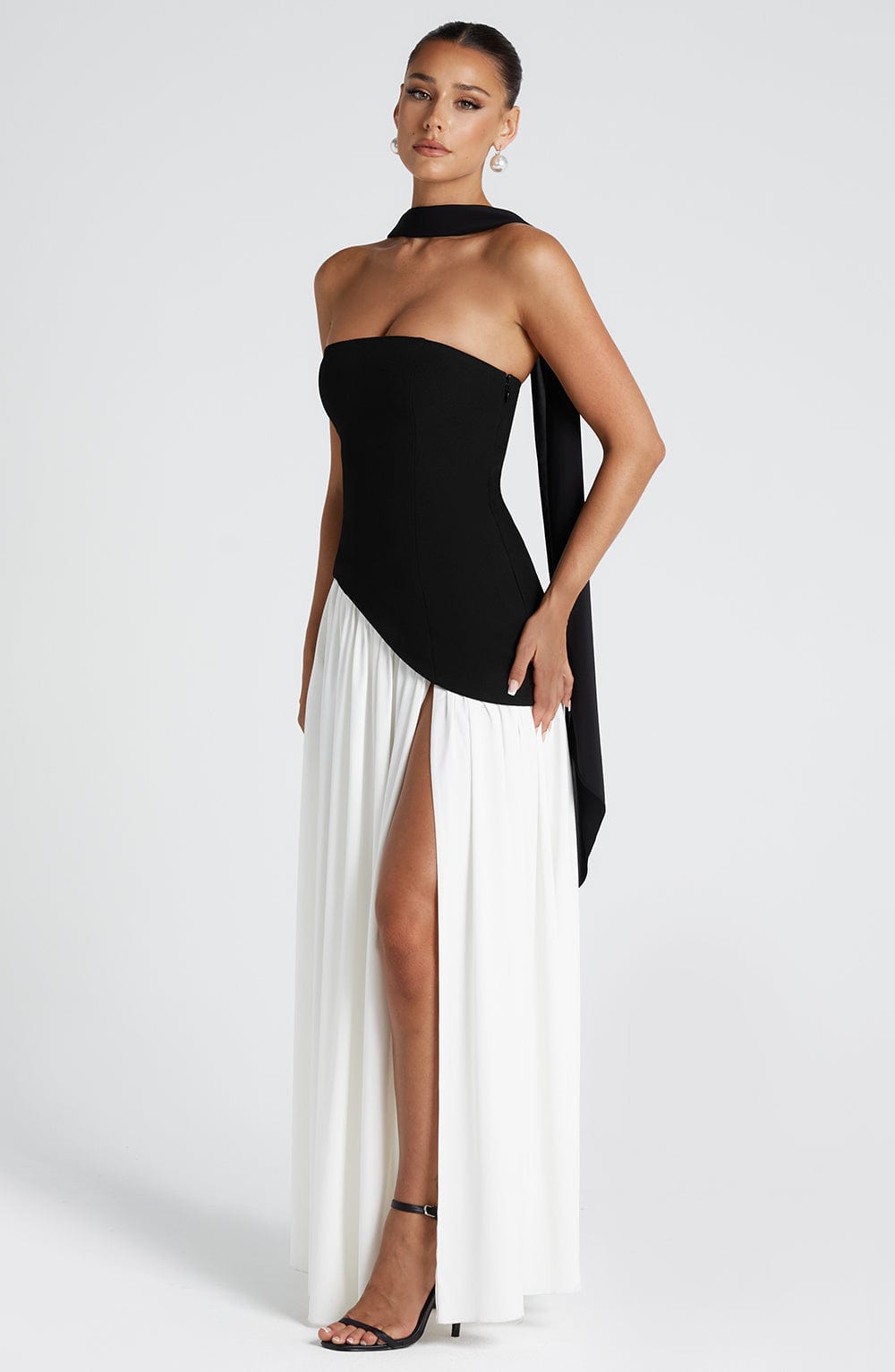 Tessa Bold Maxi Dress side slit formal event dress on model