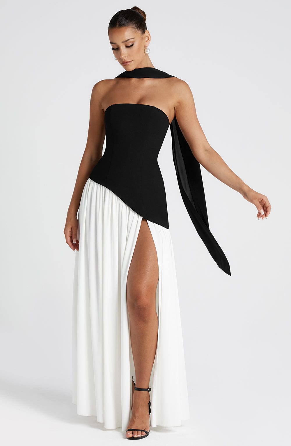 Tessa Bold Maxi Dress side slit formal event dress on model