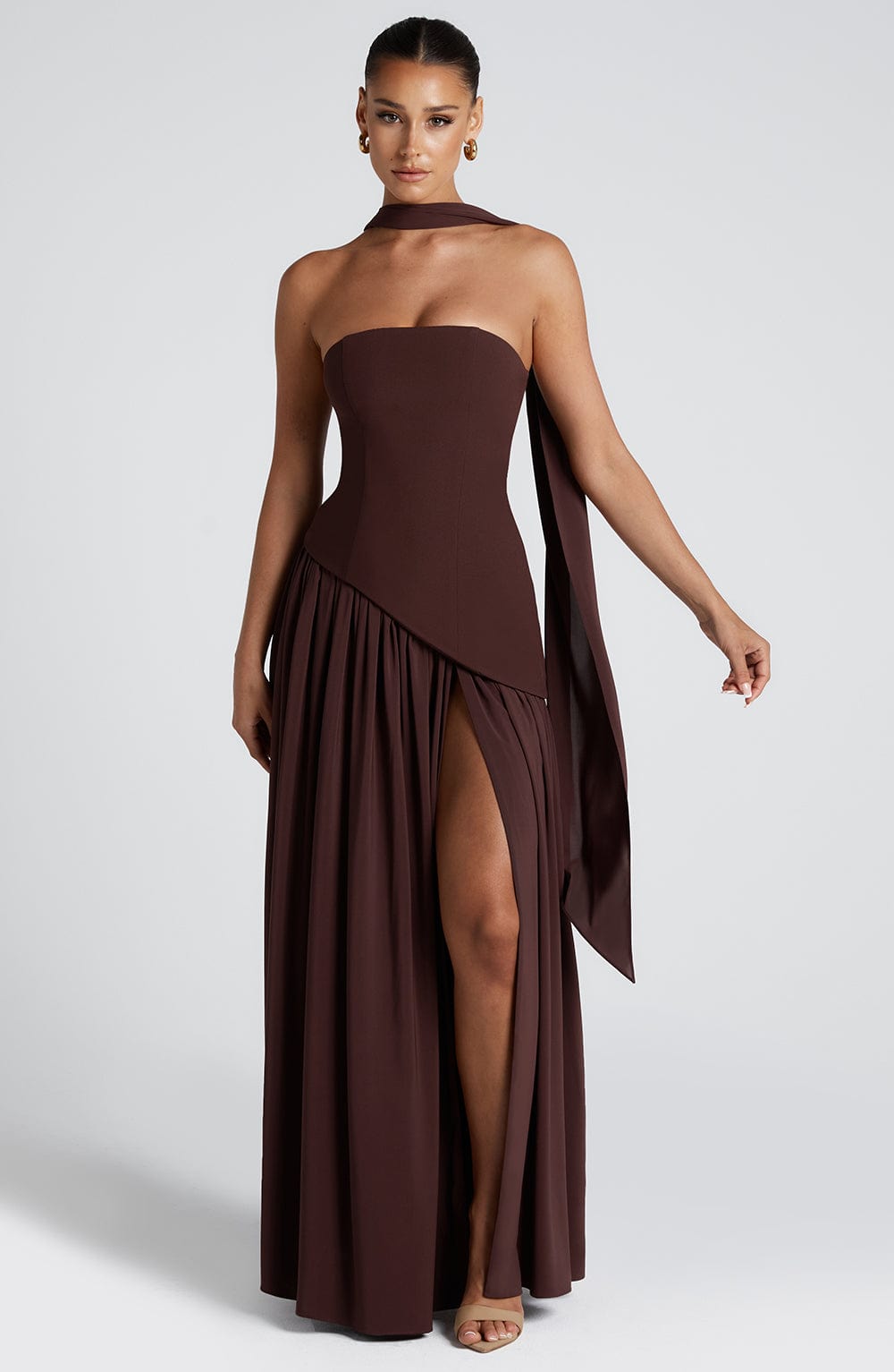 Tessa Bold Maxi Dress side slit formal event dress on model