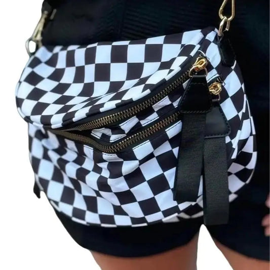 🎁Black and White Checkered Nylon Bum Bag Plus Size Friendly Fanny Pack