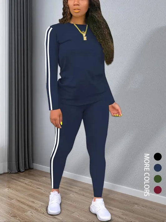 ChicBeautyy Women's Striped Print Long Sleeve Top & Pants Two-piece Set, Casual Fashion Cozy Round Neck Top & Trousers for Daily Outdoor Wear, Ladies Clothes