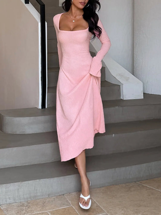 Chicbeautyy Women's Plain Lace Up Tie Back Flounce Sleeve Dress