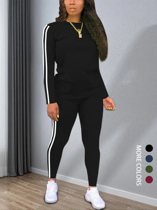 ChicBeautyy Women's Striped Print Long Sleeve Top & Pants Two-piece Set, Casual Fashion Cozy Round Neck Top & Trousers for Daily Outdoor Wear, Ladies Clothes