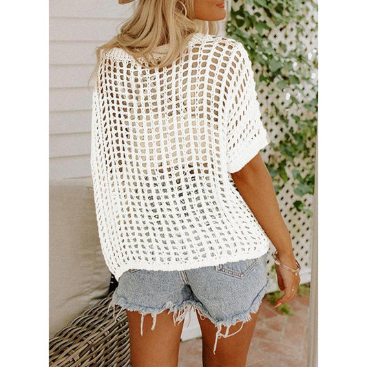 🎁Chicbeautyy 2025 New Hot Sale- Womens Summer Scoop Neck Short Sleeve Sweater Casual Crochet Hollow Out Knit Tops Pullover Shirts Beach Coverup
