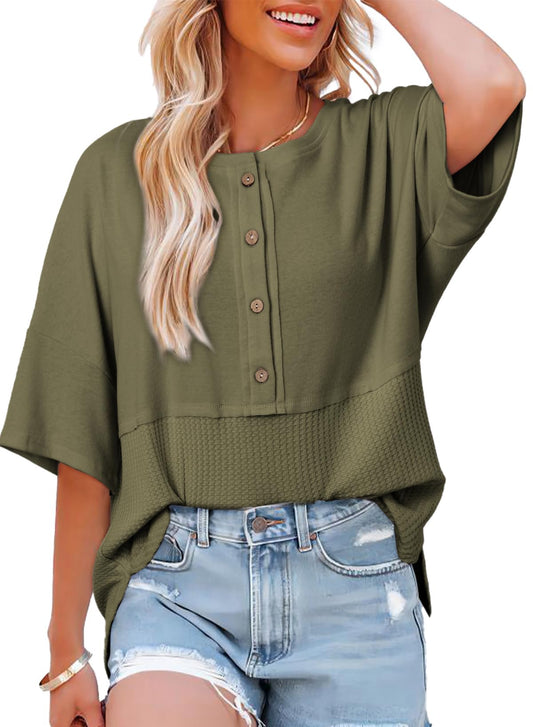 Chicbeautyy-Women's 3/4 Sleeve Casual Button Down Waffle Knit Tops