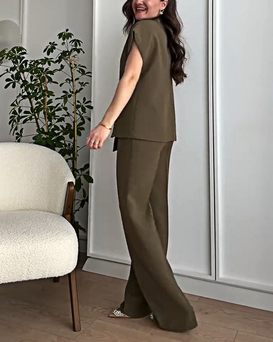 Virina Moda Unukolora Bluzo kaj Pantalono Du-peca Aro 