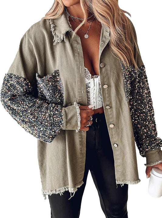 ChicBeautyy Women's Oversized Sequin Patchwork Long Sleeve Button Front Denim Jacket