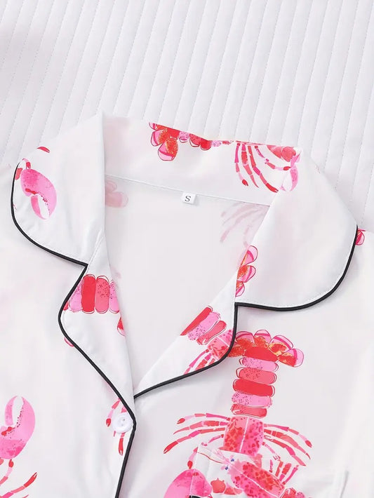 Women's Pink Lobster Print Pajamas Button-Up Short Sleeve and Shorts Homewear(BUY 2 FREE SHIPPING)