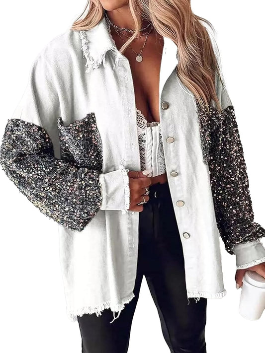 ChicBeautyy Women's Oversized Sequin Patchwork Long Sleeve Button Front Denim Jacket