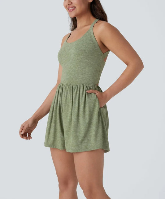 Chicbeautyy Women's casual Backless Twisted Side Pocket 2-in-1 Resort Romper