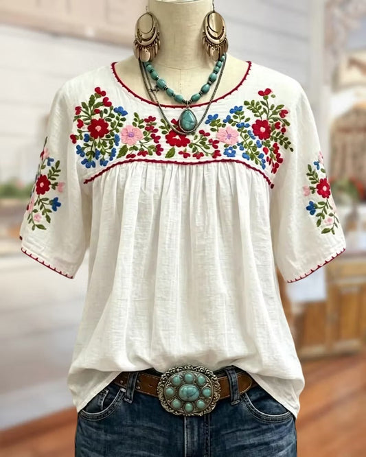 Chicbeautyy Floral Embroidered Loose Gathered Scoop Neck Short Sleeve Blouse