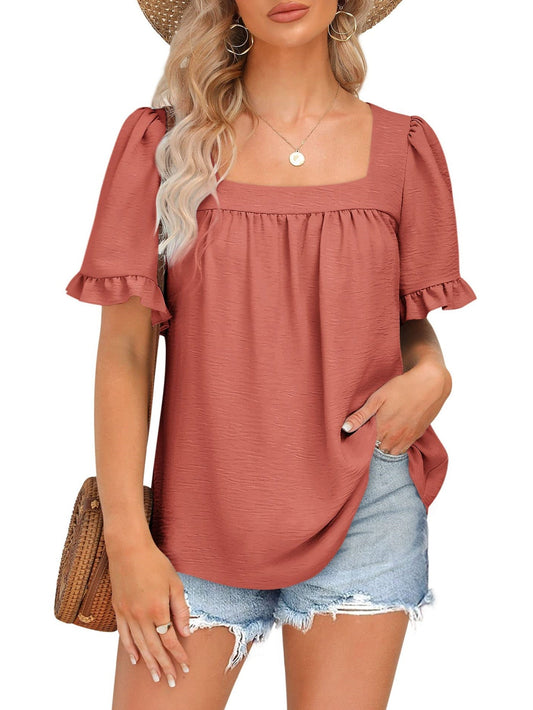 Chicbeautyy Women's Sqaure Neck Ruffle Sleeve Blouses Peplum Tops